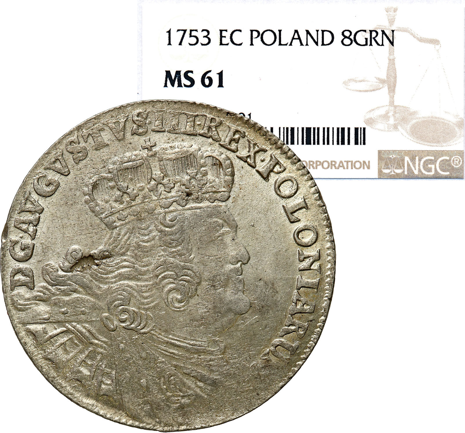 August III Sas. Dwuzłotówka (8 groszy) 1753 - litery EC - Lipsk NGC MS61 - WYŚMIENITA Nienotowana